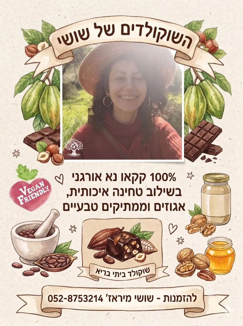 פלייר השוקולדים של שושי: 100% קקאו נא אורגני, ללא סוכר וחומרים משמרים, טבעוני, עם תמונת שושי וקישוטי קקאו ואגוזים